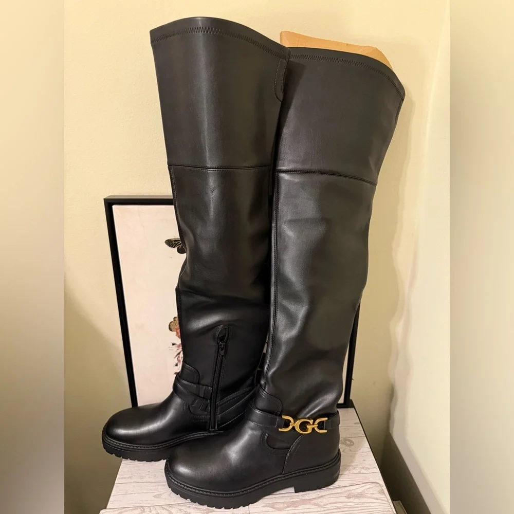 Guess Jellio Black Over-the-Knee Boots with Gold Accent